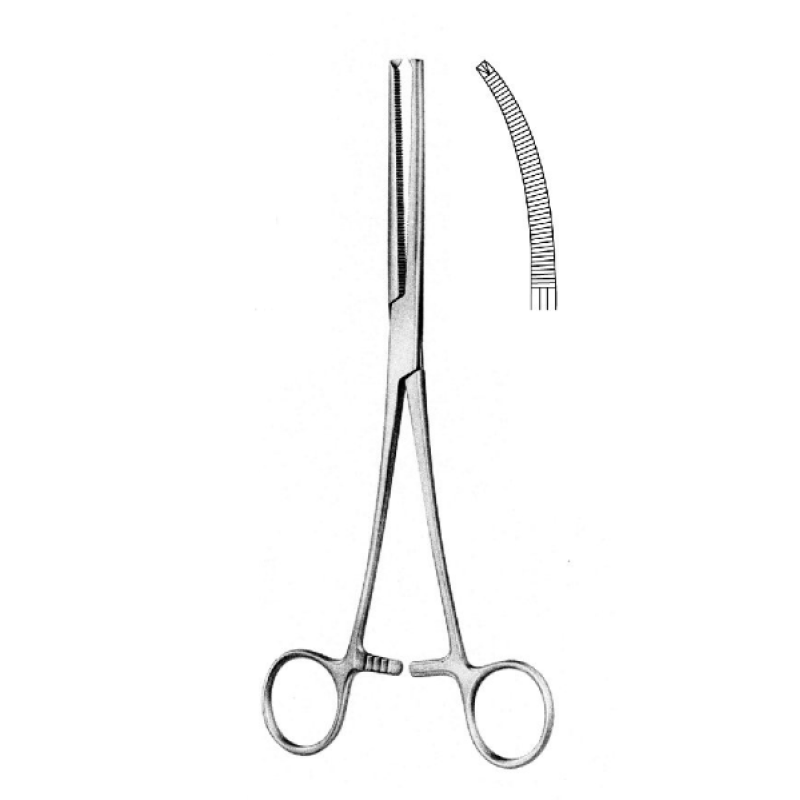 Зажим кровоостанавливающий 1x2 зубый, зубчатый изогнутый, 150 мм (Кохер)