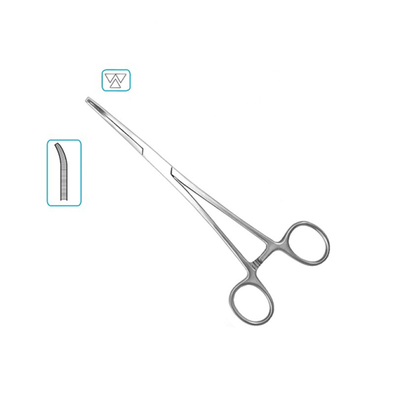 Зажим кровоостанавливающий 1x2 зубый, зубчатый изогнутый, 150 мм (Кохер)