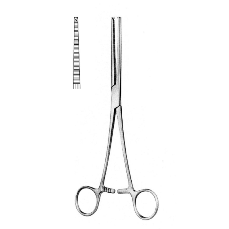 Зажим кровоостанавливающий 1x2 зубый, зубчатый прямой, 150 мм (Кохер)